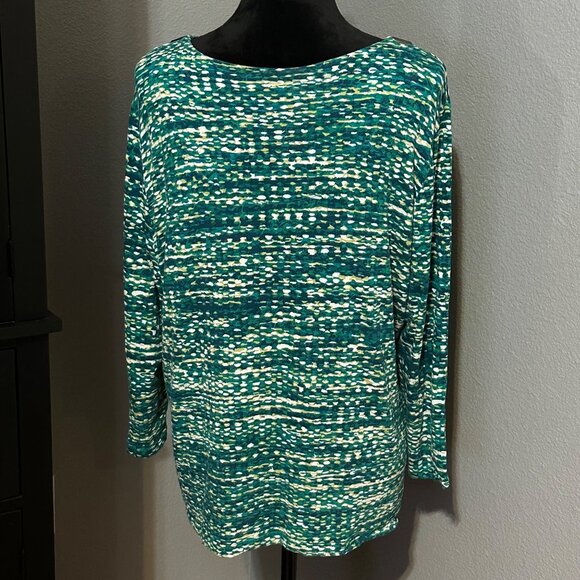 Ruby Rd Blouse XL Green Yellow Beaded Neckline 3/4 Sleeve Stretch Top Boho Print - Picture 5 of 8